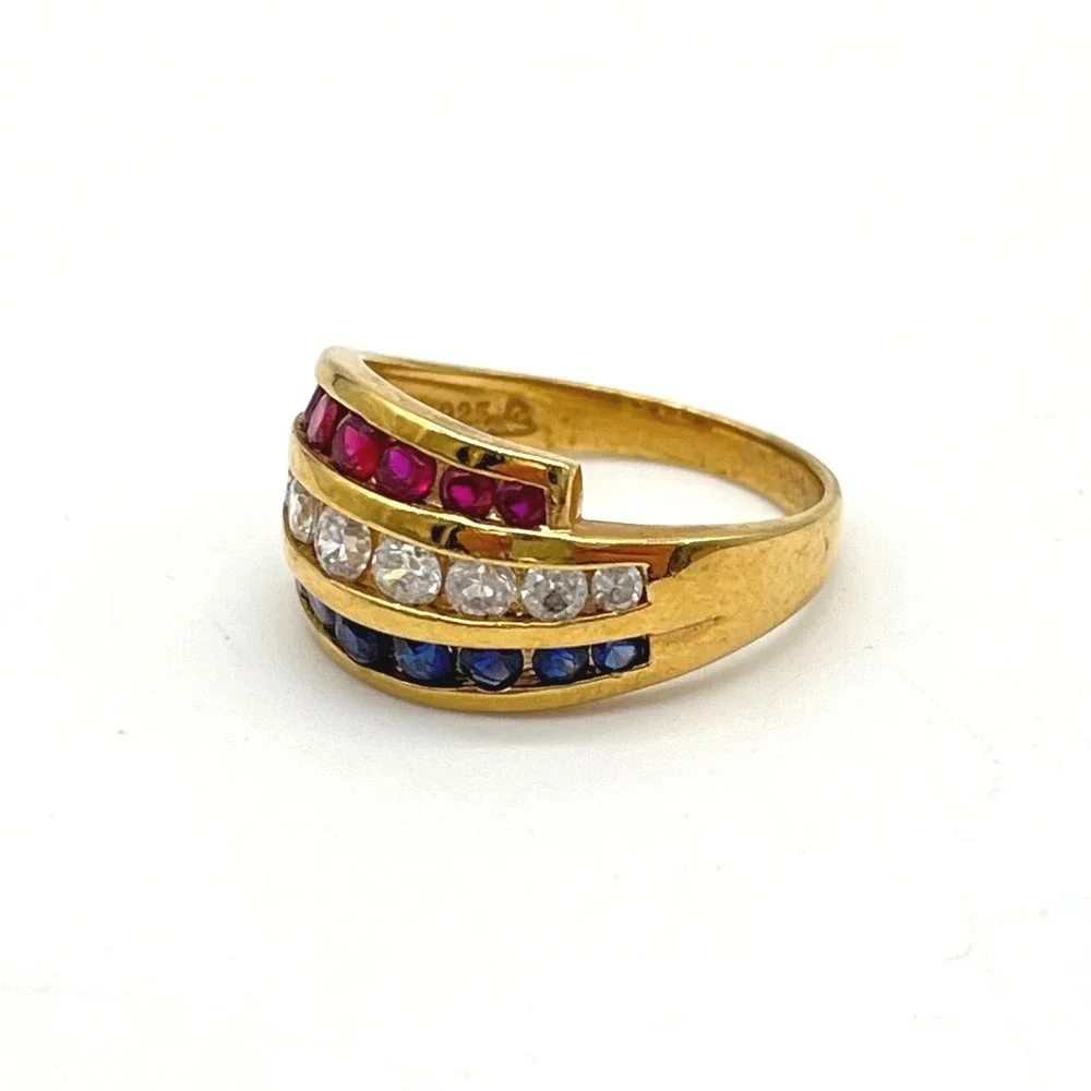 Gold Vermeil Sterling Silver Red‎ White Blue Channel Set Triple Row Ring Size 10